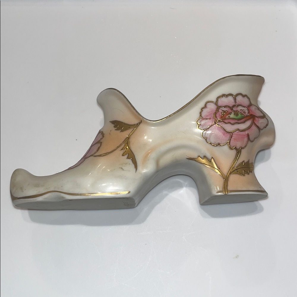 Vintage Porcelain Shoe Painted Floral Gold Flowers Heel Collectible Figurine